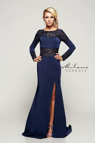 Designer Milano Formals lace long prom dress.