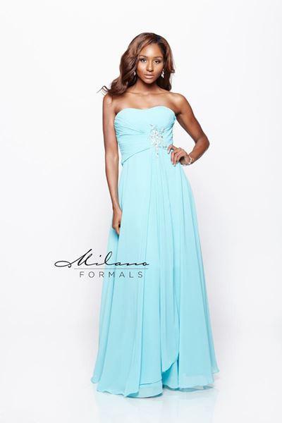 Designer Milano Formals lace long prom dress.