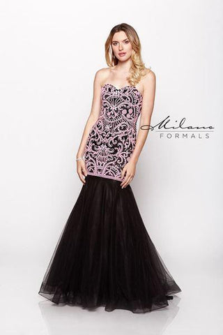 Designer Milano Formals lace long prom dress.