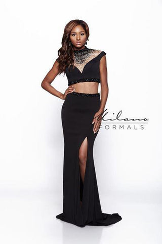 Designer Milano Formals lace long prom dress.