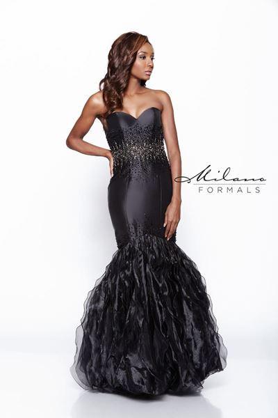 Designer Milano Formals lace long prom dress.