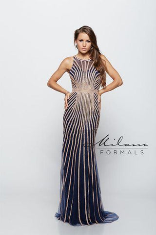 Designer Milano Formals lace long prom dress.