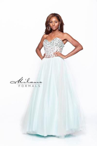 Designer Milano Formals lace long prom dress.