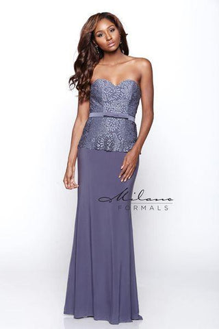 Designer Milano Formals lace long prom dress.