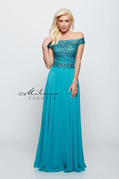 Designer Milano Formals lace long prom dress.