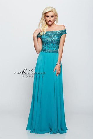 Designer Milano Formals lace long prom dress.