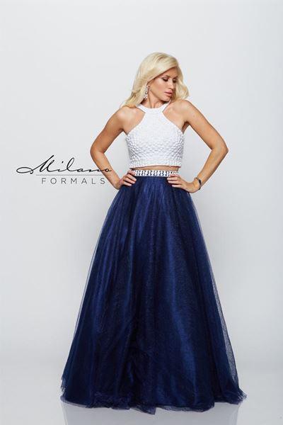 Designer Milano Formals lace long prom dress.