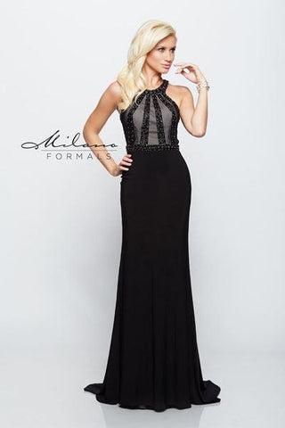 Designer Milano Formals lace long prom dress.