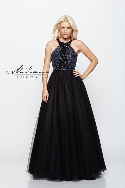 Designer Milano Formals lace long prom dress.