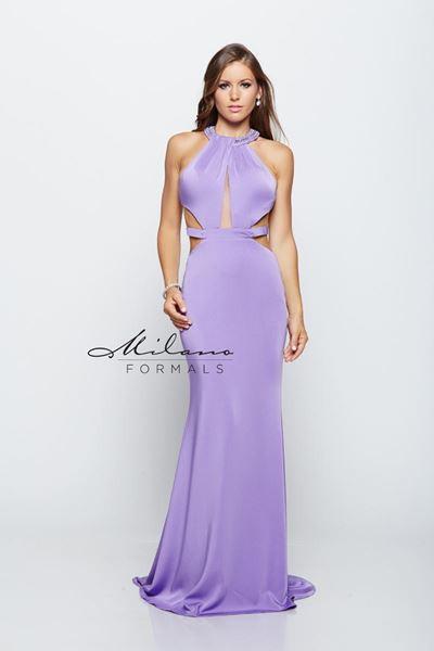 Designer Milano Formals lace long prom dress.