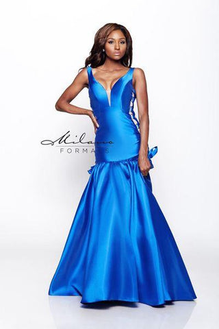 Designer Milano Formals lace long prom dress.