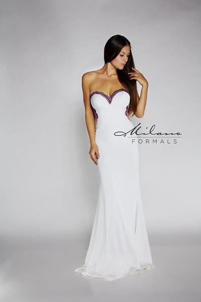 Designer Milano Formals lace long prom dress.