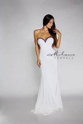 Designer Milano Formals lace long prom dress.