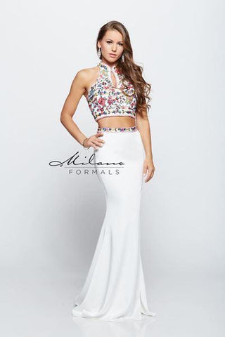 Designer Milano Formals lace long prom dress.