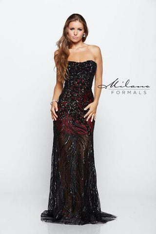 Designer Milano Formals lace long prom dress.