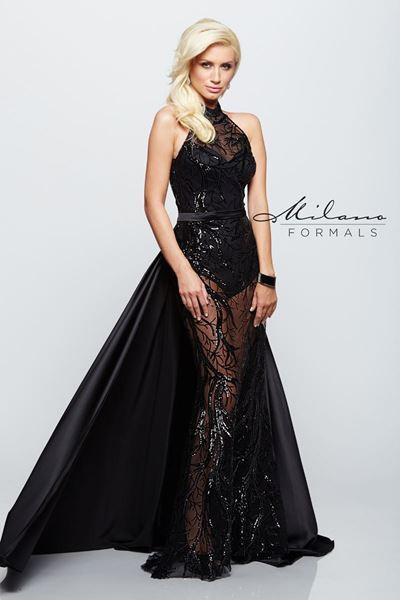 Designer Milano Formals lace long prom dress.