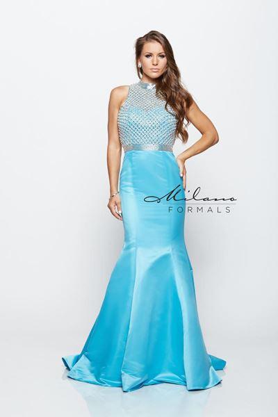 Designer Milano Formals lace long prom dress.