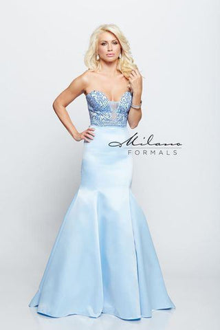 Designer Milano Formals lace long prom dress.