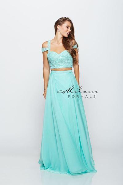 Designer Milano Formals lace long prom dress.