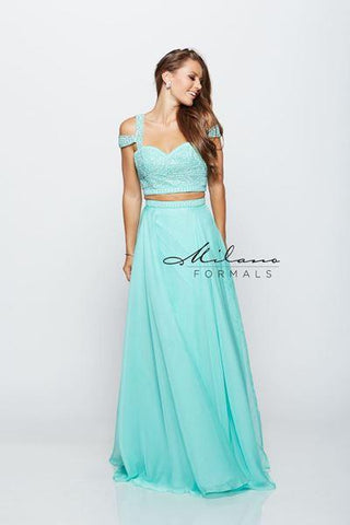 Designer Milano Formals lace long prom dress.