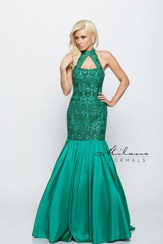 Designer Milano Formals lace long prom dress.