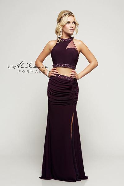 Designer Milano Formals lace long prom dress.