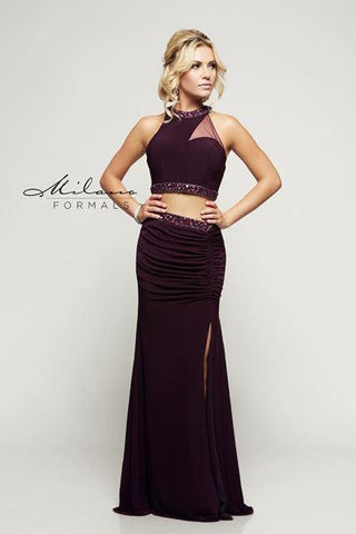 Designer Milano Formals lace long prom dress.
