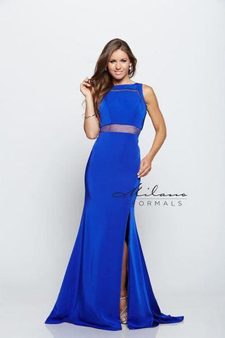 Designer Milano Formals lace long prom dress.