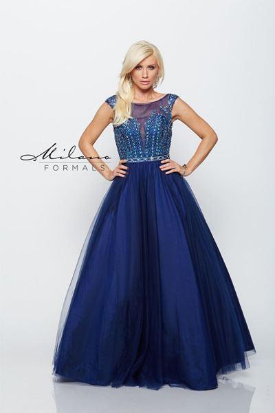 Designer Milano Formals lace long prom dress.