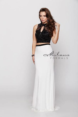 Designer Milano Formals lace long prom dress.