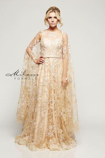 Designer Milano Formals lace long prom dress.