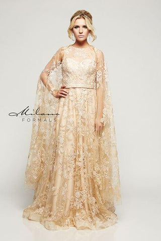 Designer Milano Formals lace long prom dress.
