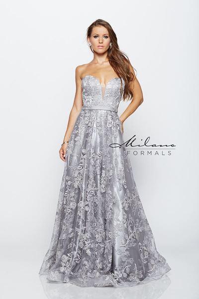Designer Milano Formals lace long prom dress.