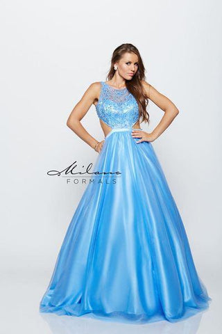 Designer Milano Formals lace long prom dress.