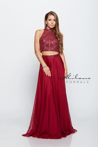Designer Milano Formals lace long prom dress.