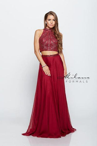 Designer Milano Formals lace long prom dress.