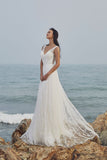 chic Bohemian beach look lace chiffon satin fit & flare wedding dress