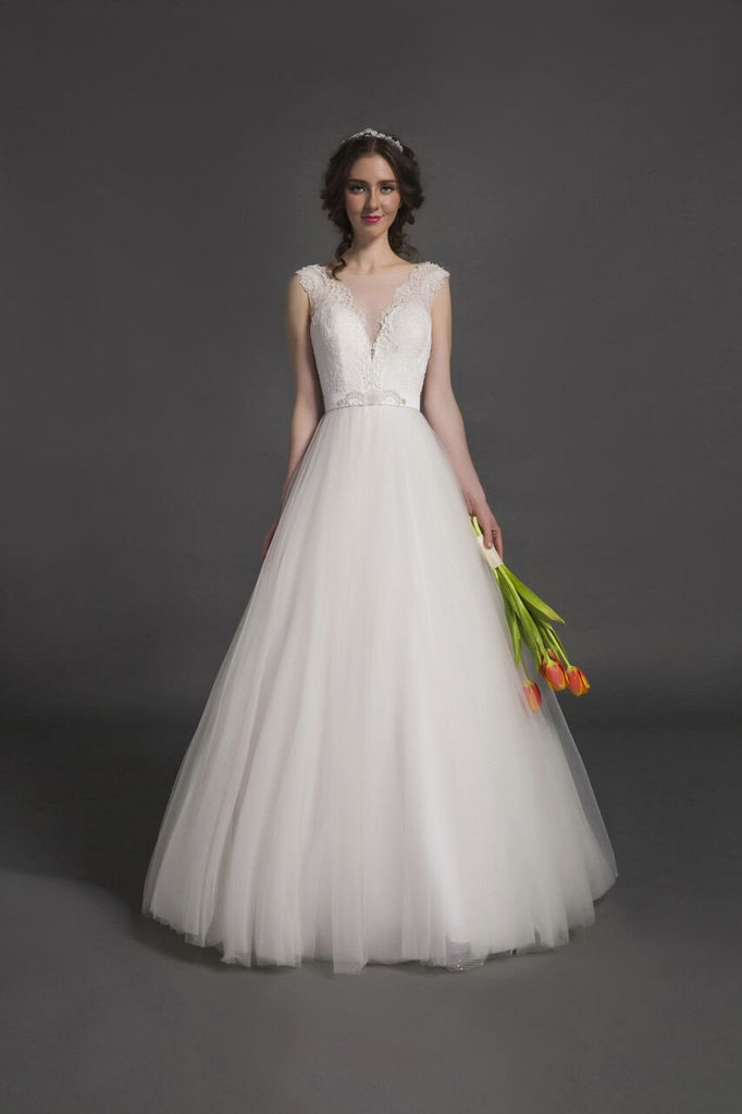 Designer Chic Nostalgia lace chiffon satin tulle A-line ball gown wedding dress