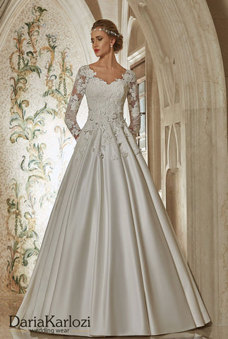 Ivory lace satin wedding dress ball gown A-Line long sleeve