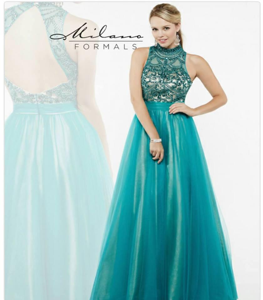 Designer Milano Formals lace long prom dress.