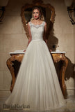 Ivory lace tulle wedding dress ball gown A-Line short sleeve