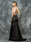 trumpet-mermaid, black and white lace like prom dress