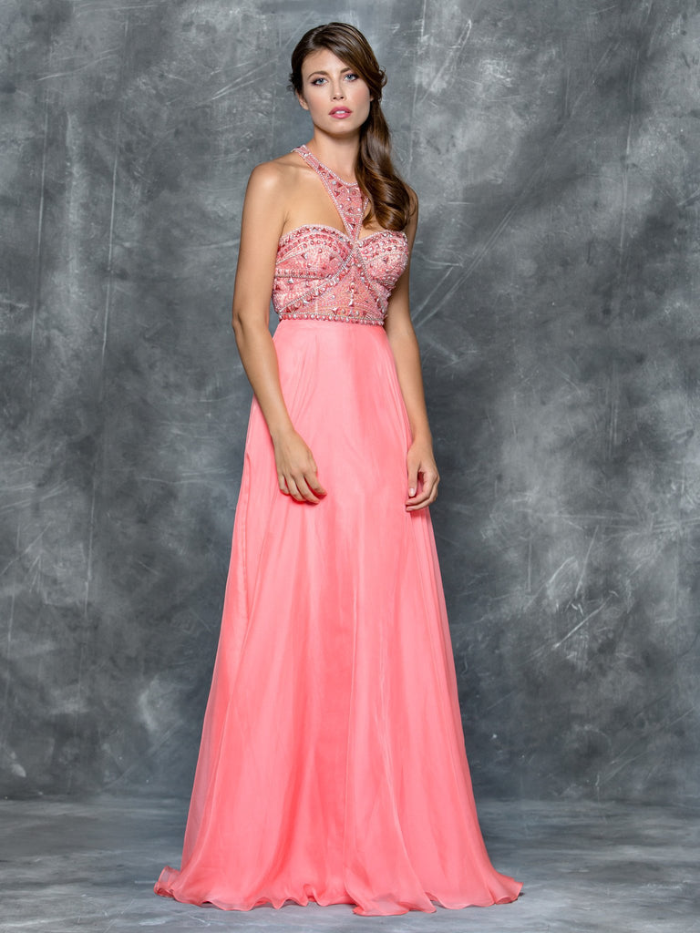 Halter beaded neckline, A-line chiffon prom dress