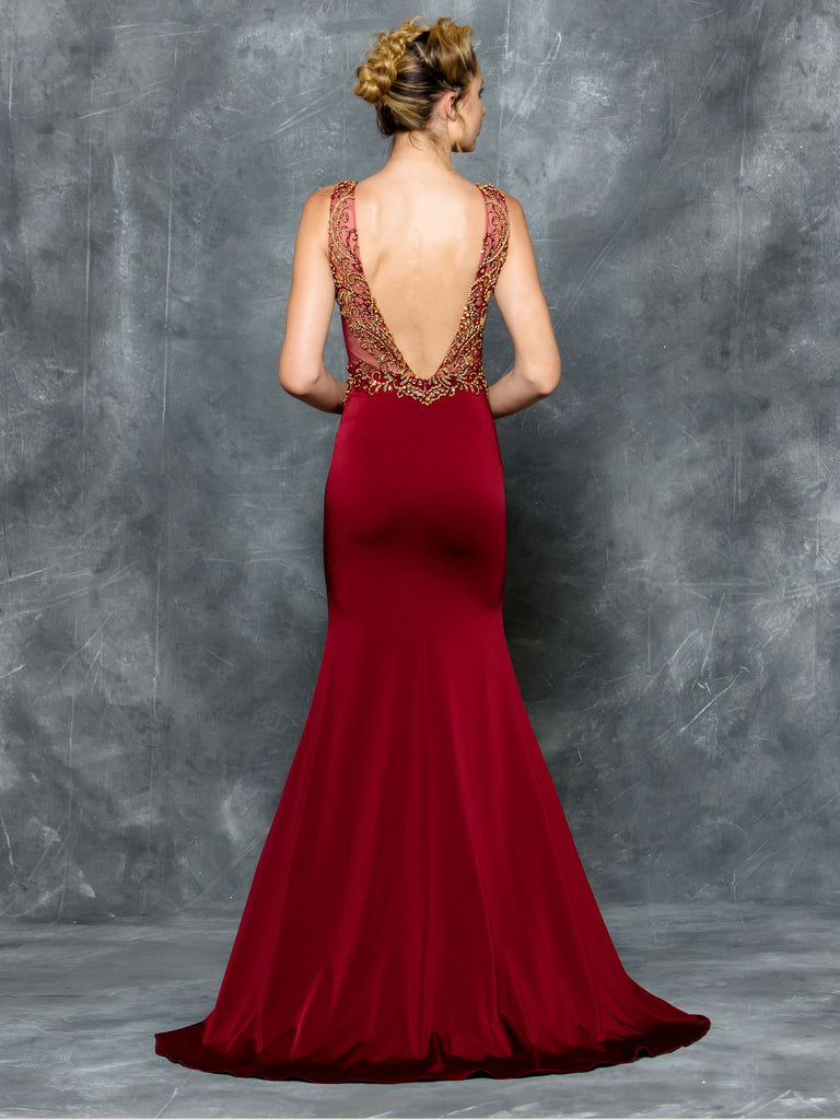 TRUMPET , MERMAID BEADING OPEN BACK , FAILLE & MESH PROM DRESS