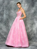A-LINE  BEADING SLEEVELESS , LACE PROM DRESS