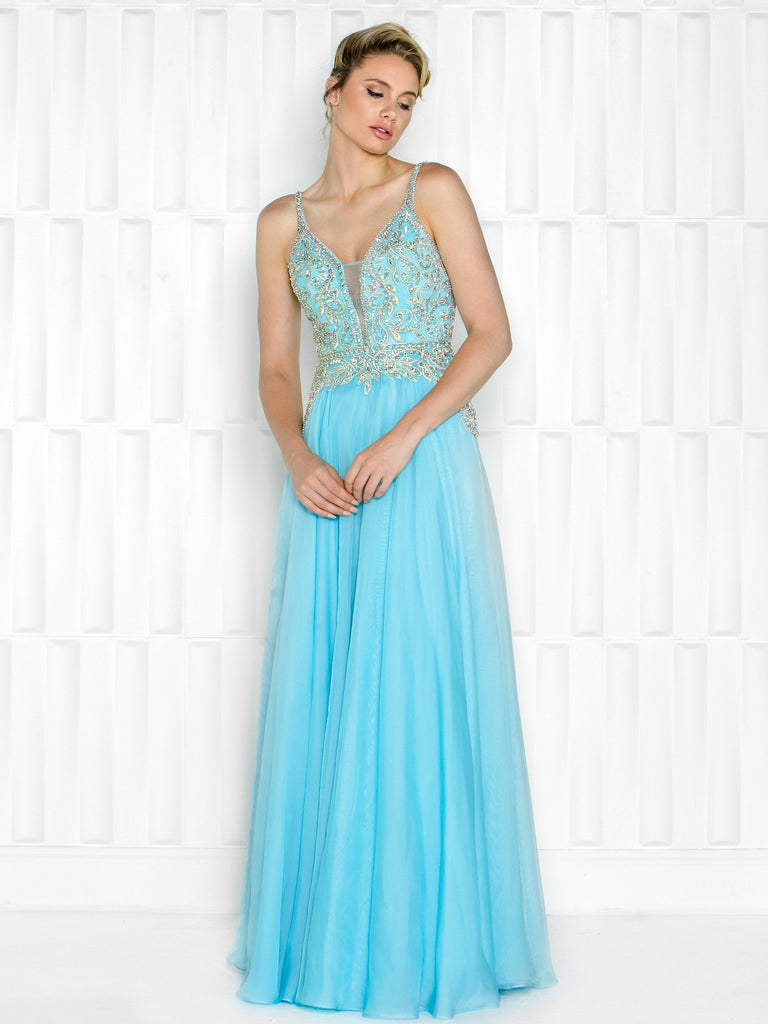 A-LINE BEADING,  V-NECK CHIFFON DRESS