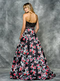 A-line strapless , print satin prom gown