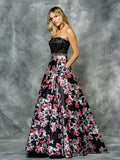 A-line strapless , print satin prom gown