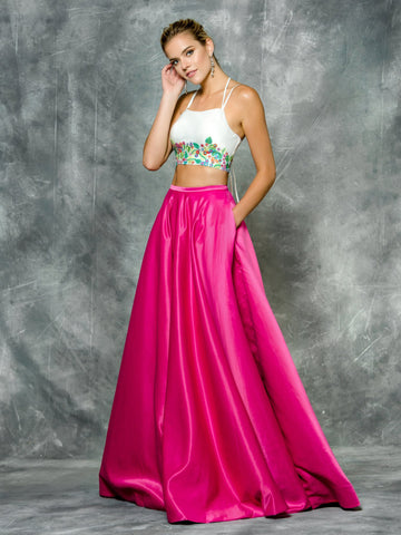 Two pieces, spagetti straps top , satin prom dress