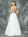 A-line, beading strapless top , satin dress with scarf